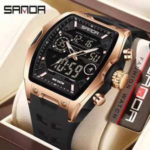 Montre de sport multifonctionnelle pour homme SANDA avec cadran tonneau, bracelet en cuir étanche, double affichage, 6235 - Product Image 2