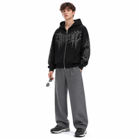Sweat à capuche zippé coupe ample avec motif graphique gothique vintage sur la poitrine et les manches, veste streetwear pour un style décontracté