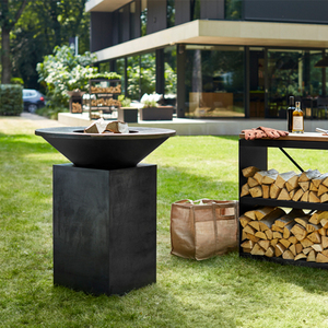 Modern Corten Steel Outdoor <b>BBQ</b> <b>Grill</b> Charcoal Smoker Matte Finished Portable Fire Pit with Wood Storage Base - Product Image 6
