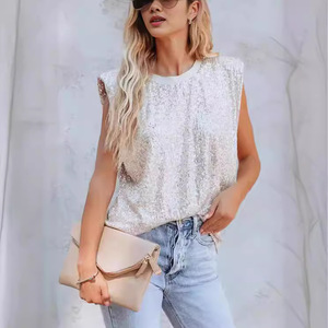 Women <b>Sequin</b> Sleeveless Camisole V Neck Loose Fit Casual <b>Top</b> Breathable Polyester T Shirt 3D Effect Flowy Style - Product Image 4