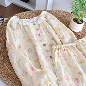 Conjunto de Ropa de Casa de Algodón Puro para las Cuatro Estaciones, Cuello Redondo, con Encaje, Antibacteriano, Manga Larga, Pantalones Largos, Estilo Juvenil - Product Image 4