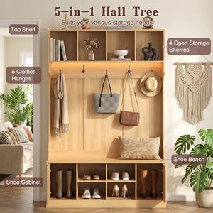 SENYU Modern Solid Wood Entryway Bench <b>with</b> <b>Coat</b> Rack 4 <b>Hooks</b> 5 <b>Shelves</b> Multipurpose Storage Furniture Scandinavian Style - Product Image 3