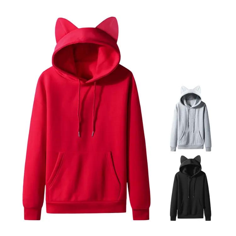 High Quality Custom Casual Knitted Plus Size Cat Ear Solid Color Women Sweatshirt Hoodie