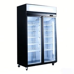 Vitrine réfrigérée à deux portes vitrées, corps noir mat, avec boîte lumineuse publicitaire vierge au dessus, pour café, bar, aménagement de magasin moderne - Product Image 3