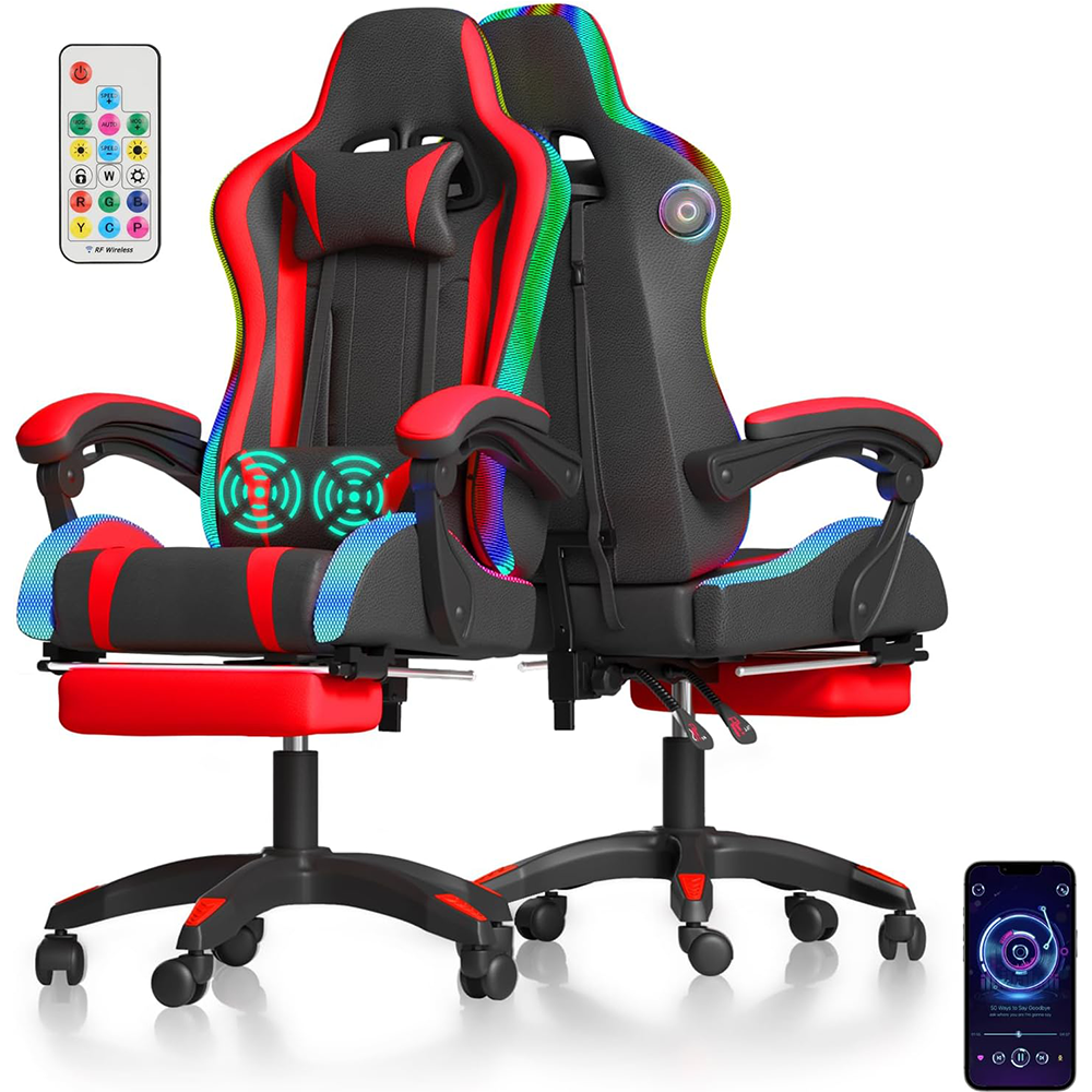 Cheapest Modern PVC Gaming Chair | Full RGB LED Lighting, Bluetooth Speakers, Recliner Racing Seat, Red PC Gamer Chair (Wholesale Kuwait)