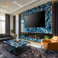 Panneau mural de fond de télévision et table de salon en pierre translucide d'onyx agate bleu naturel rétroéclairé sur mesure
