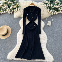 Robe décontractée élégante pour femme WIWT à manches longues, plissée, coupe trapèze, avec col tailleur et boutons décoratifs, idéale pour le quotidien et les soirées