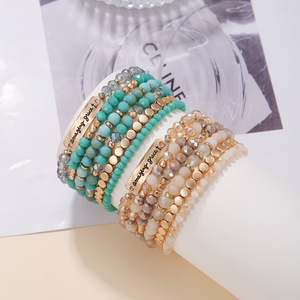 European American Style <b>Crystal</b> <b>Beaded</b> <b>Bracelet</b> Set 6-Piece Fashion Colorful Elastic Bangle Unisex Gift Jewelry - Product Image 1