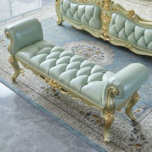 Tabouret de chevet en bois massif de style européen avec coussin en cuir, mobilier de chambre principale, banc sculpté, luxe haut de gamme - Product Image 2