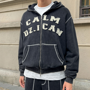 Sweat à capuche surdimensionné en coton French Terry brodé sur mesure avec double fermeture éclair, effet délavé et vieilli pour homme - Product Image 1