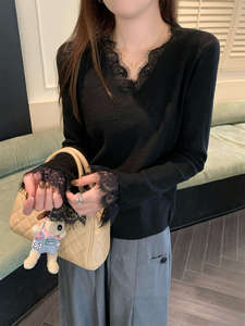 Maglione lavorato a <span class=keywords><strong>maglia</strong></span> a maniche lunghe con scollo a V e <span class=keywords><strong>pizzo</strong></span> da donna - Product Image 6