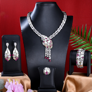 ชุดเครื่องประดับหรูหรา T143A แบบ 4 ชิ้น ประดับพู่ห้อย ดีไซน์ใหม่ทันสมัย ประดับเพชรคิวบิกเซอร์โคเนีย สำหรับผู้หญิง งานแต่งงาน เจ้าสาว สไตล์อินเดีย ไอเดียของขวัญสุดเพอร์เฟกต์ - Product Image 5