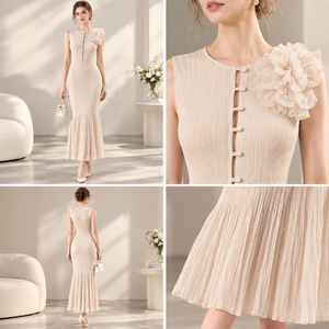Elegantes Ärmelloses Plissiertes Strickkleid für Damen mit Stehkragen und 3D-Blumen an den Schultern ODM OEM - Product Image 3