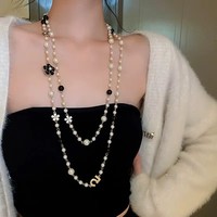 Collier vintage de luxe pour femme, motif camélia, numéro 5, long, multicouche, chaîne de pull, perles, plaqué or, bijoux de mariage