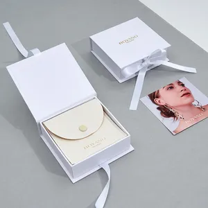 Logotipo personalizado branco pulseira brinco, colar jóias embalagem caixa de presente com fita