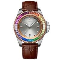 Montre mécanique automatique pour homme avec lunette en diamant arc-en-ciel NH35, montre-bracelet de luxe en cuir véritable imperméable pour les affaires