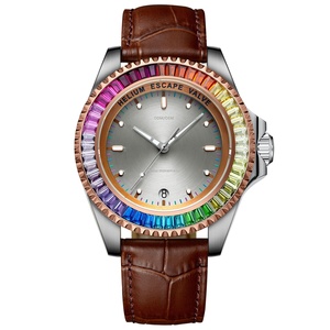 Montre mécanique automatique pour homme avec lunette en diamant arc-en-ciel NH35, montre-bracelet de luxe en cuir véritable imperméable pour les affaires - Product Image 2