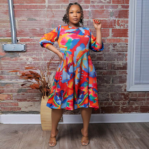 Robe tendance 2026 à imprimé floral et effet éclaboussures d'encre, style européen et américain, avec manches lanternes et jupe plissée évasée - Product Image 2