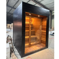 Salle de sauna extérieure moderne de luxe en bois massif avec poêle électrique et douche de sauna à vapeur humide pour 6 personnes