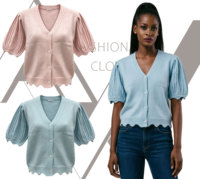 Cárdigan de punto para mujer con manga corta abullonada, cuello en V, bajo festoneado y botones, suéter de punto para primavera