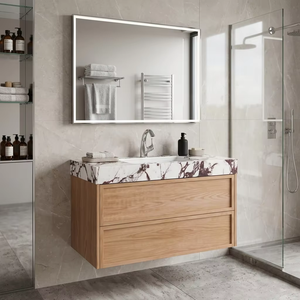 Mueble de Baño Flotante de Roble sin Tiradores, con Dos Cajones Profundos de Almacenamiento, Encimera de Cuarzo con Vetas Púrpuras Impresionantes para Baño - Product Image 1