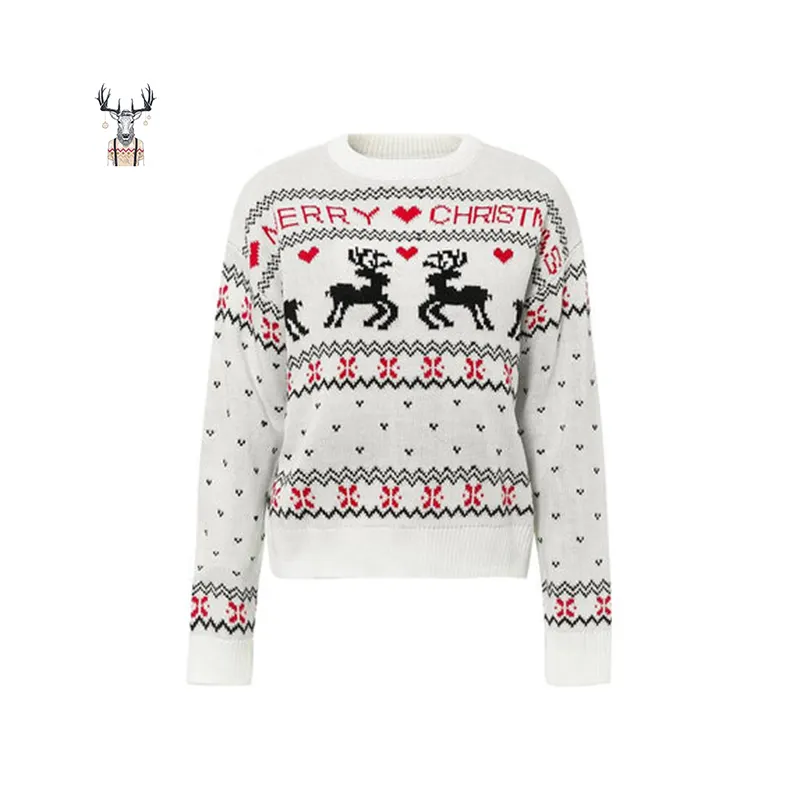 Nanteng Custom Winter Rib Knit Elk And Hearts Jacquard Pattern White Graphic Woman Pullover Christmas Sweater