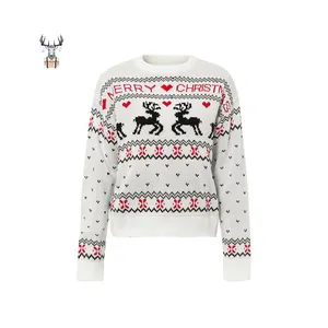 Pull de Noël Nanteng personnalisé d'hiver en tricot côtelé wapiti et coeurs motif jacquard blanc graphique pour femme