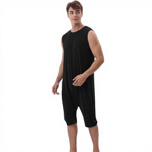 Combinaison sans manches unisexe à col rond, noire unie, respirante, 100% coton, shorts longueur genou, fermetures éclair, vêtements de sport simples, coupe adulte - Product Image 2