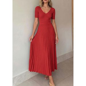 Robe pull mi-longue pour femme FOXA, col en V, manches courtes, coupe trapèze, plissée, tricot côtelé, tenue printemps-été, style élégant - Product Image 3
