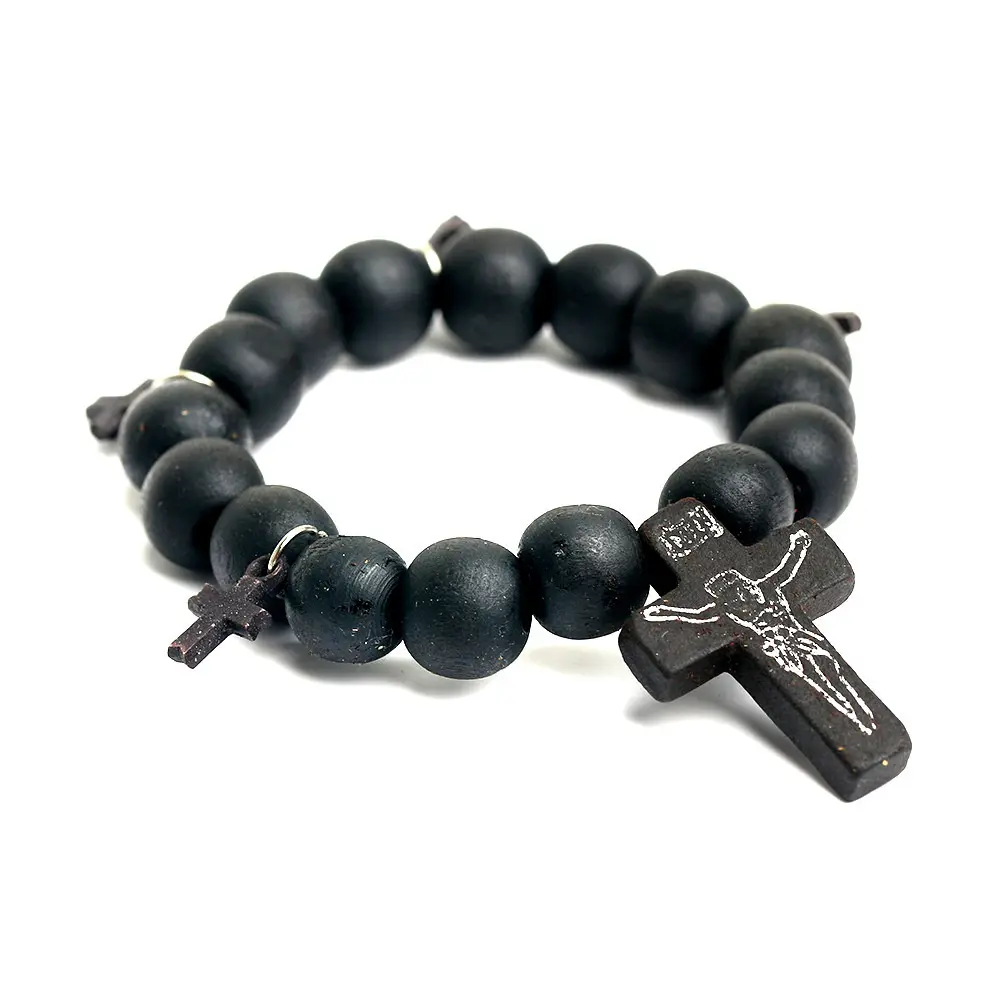 Cross Armband Steen Kralen Groothandel Punk Natuurlijke Houten Kraal Armband Barokke Jesus Cross Charm Bead Armband Rozenkransen Katholieke