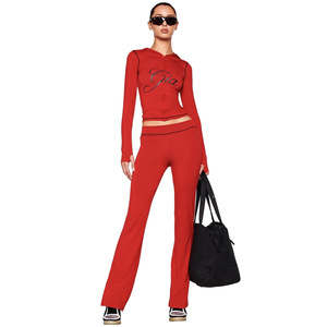 Gia Women's Two-Piece Set <b>Red</b> Hooded Long Sleeve Flare Pants Casual <b>Suit</b> Smlxl2xl Europe America Cross Border Fashion - Product Image 1