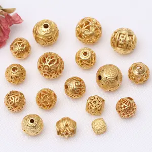 JS1672 Fashion Jewelry Supplies Matte Gold Plated Brass Round Flower Chinese Words Fortune Filigree Hollow Out Beads