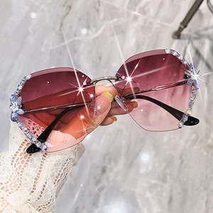 Rimless Cat Eye <b>Sunglasses</b> Women Pink Gradient Lenses With Rhinestones Fashion Accessories UV Protection - Product Image 2