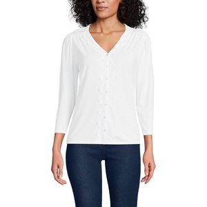 Haut à manches 3/4 pour femmes, col en V, bordure en dentelle, avec boutons, vêtement décontracté pour tous les jours, tissu popeline - Product Image 1