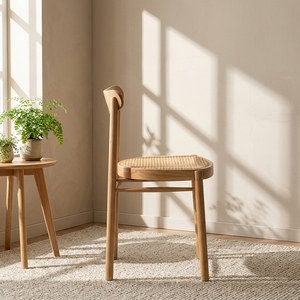 Sgabello Rotondo in <span class=keywords><strong>Legno</strong></span> di Frassino Bianco <span class=keywords><strong>e</strong></span> Rattan, Stile Wabi-Sabi, Design Nordico per Piccoli Appartamenti, <span class=keywords><strong>Sedia</strong></span> in <span class=keywords><strong>Legno</strong></span> Massello con Schienale Curvo, Minimalista Giapponese - Product Image 3