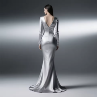 Robe longue plissée en mousseline personnalisée à manches longues, dos nu, col en V profond, couleur unie, taille ajustée, style décontracté et tendance