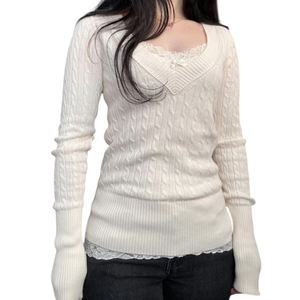 Pull décontracté pour femme en maille torsadée avec col en V et dentelle, couleur unie, style vintage, pour l'automne - Product Image 3