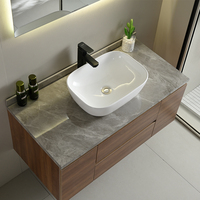 Meuble-lavabo flottant moderne et minimaliste en contreplaqué couleur noyer avec plan de travail en pierre et miroir LED rectangulaire