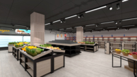 Gepolijste metalen fruit- en groentepresentatie rek met vernevelingssysteem voor specialisten in verse producten, geschikt voor foodhallen.