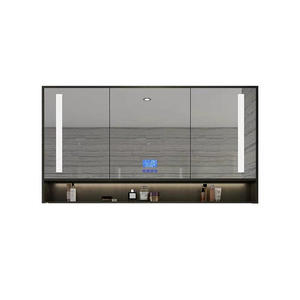 Miroir de salle de bain mural en bois massif avec éclairage LED intelligent moderne avec rangement pour la chambre à coucher et le salon - Product Image 2