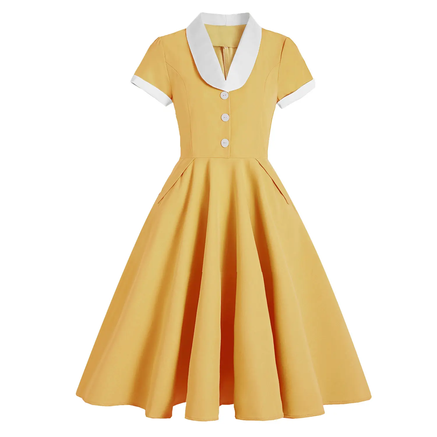 Robe d'été vintage pour femmes Robe légère à taille moyenne Couleur pure Grande robe balançoire