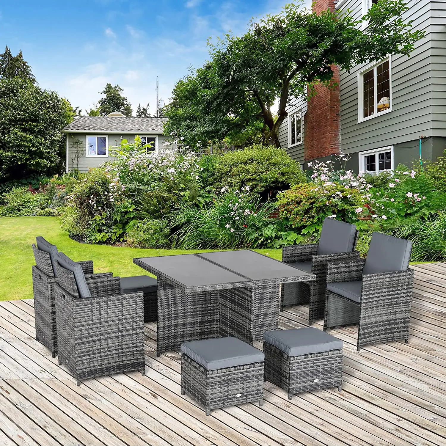 9 peças móveis pátio conjuntos de móveis ao ar livre rattan móveis jantar conjuntos com cadeiras e vidro mesa espaço economizador