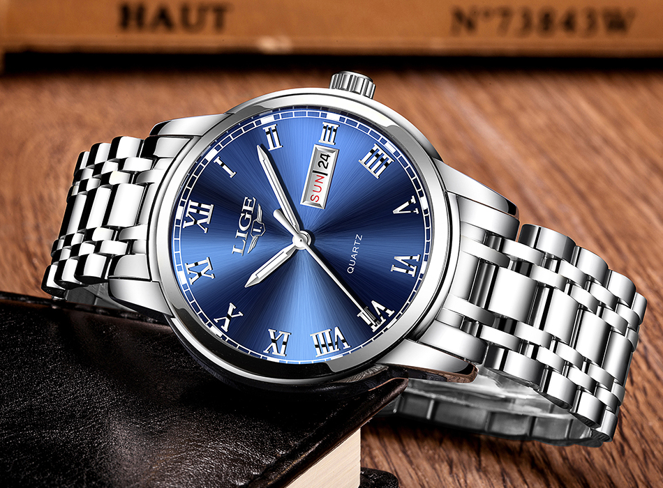 LIGE — montre-bracelet de luxe en acier inoxydable pour homme, étanche, en acier inoxydable, à Quartz, avec Date et heure, horloge