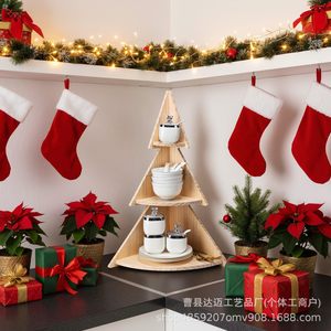 Wooden Christmas Tree Storage Rack Three Layer <b>Desktop</b> Display <b>Shelf</b> For Holiday Decorations And Gifts Natural Wood Color - Product Image 4