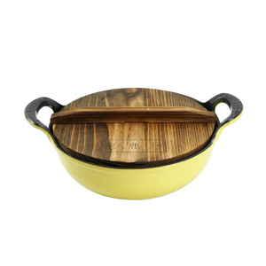 Poêle à Wok <span class=keywords><strong>traditionnelle</strong></span> chinoise <span class=keywords><strong>en</strong></span> <span class=keywords><strong>fonte</strong></span> 2 poignées poêle à frire profonde enduite d'émail pour cuisinières à gaz électriques couvercle <span class=keywords><strong>en</strong></span> bois fours hollandais - Product Image 1
