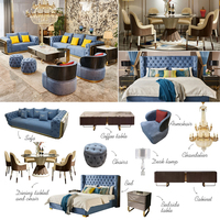 Ensemble de canapés capitonnés en velours bleu brumeux de luxe pour projet hôtelier et villa, table basse en marbre avec finition dorée, mobilier sur mesure complet pour toute la maison