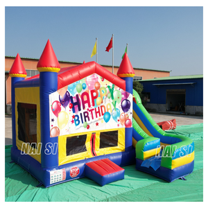 Château gonflable commercial pour enfants avec toboggan, durable, 5x5m, bannière joyeux anniversaire - Product Image 2