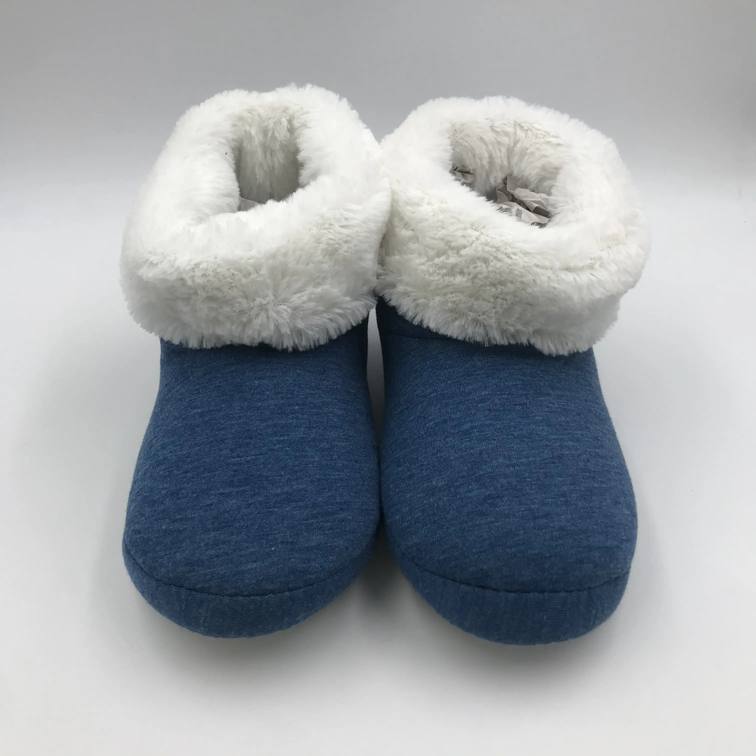 Women's Winter Furry Boots Navy Ankle Warm Bootie Slippers With Rubber Soles