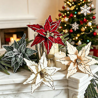Vente en gros de fleurs de Noël artificielles en tissu avec bordure scintillante de 26 cm, poinsettia scintillant pour la décoration d'arbres de Noël et de couronnes