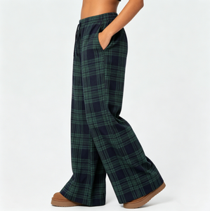 <strong>Women</strong> Green Plaid Wide Leg Pants Elastic Waist Drawstring Casual Lounge <strong>Trousers</strong> Retro Checkered Loose Fit Home Wear Fashion - Product Image 2